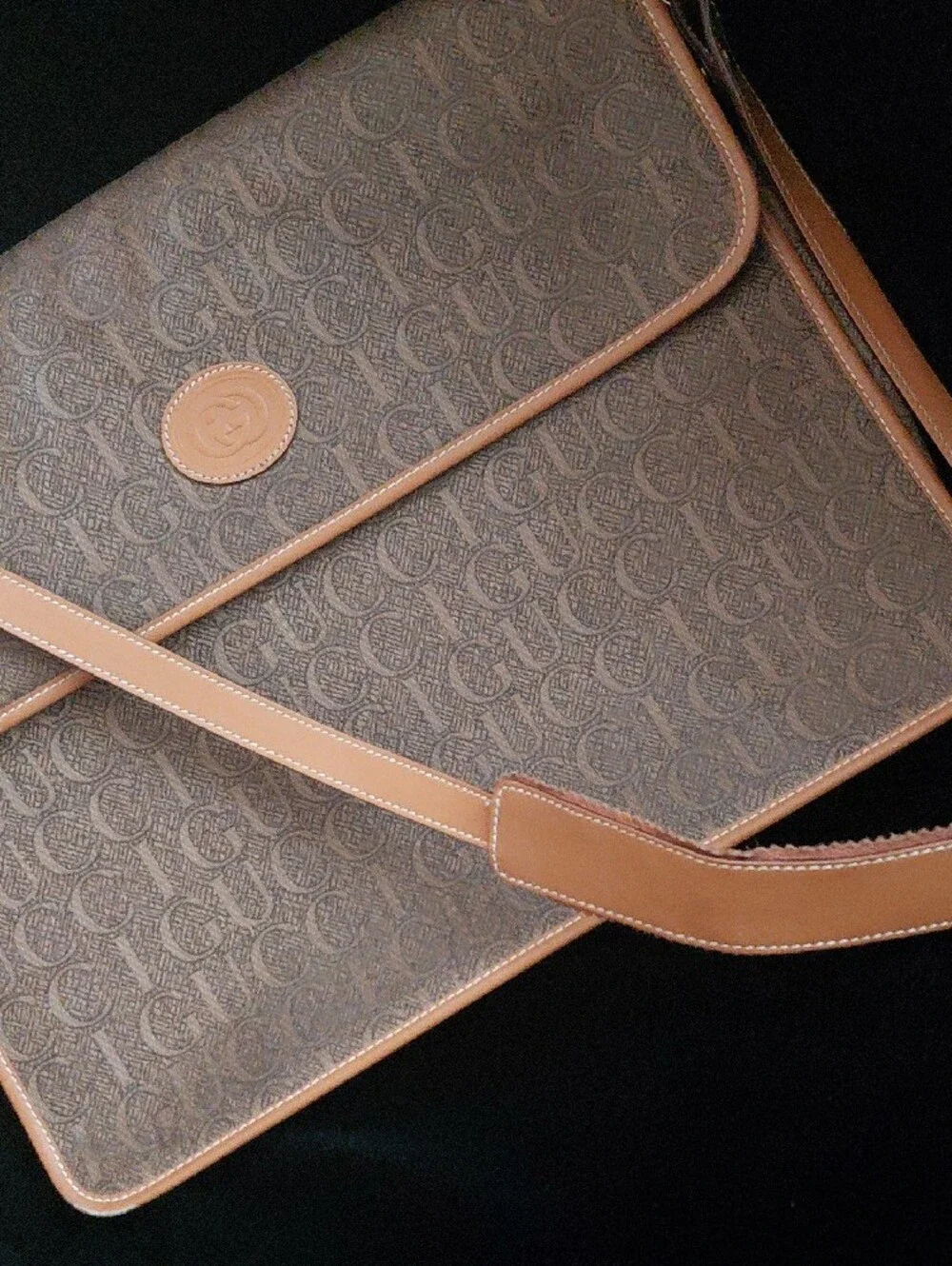 Vintage Gucci GG Monogram Laptop Messenger Unisex Bag Brown Leather Trim
